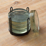 Set of Four Blocked Glass Coasters & Caddy