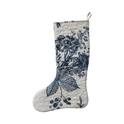 Quilted Cotton Printed Stocking w/ Botanical Print, White & Blue